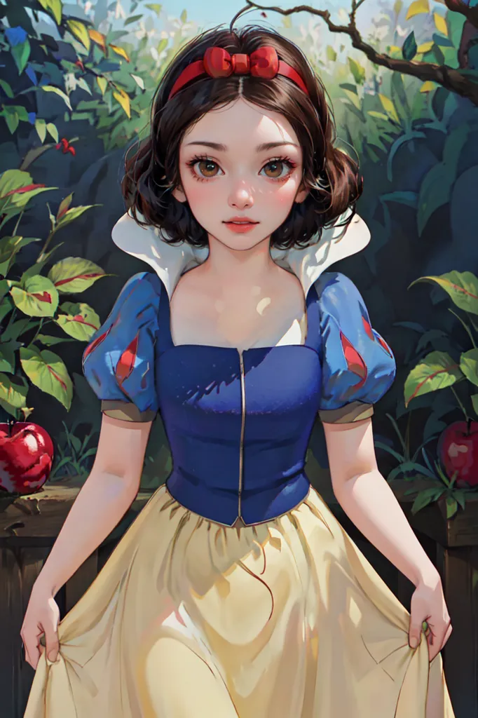 The picture shows a beautiful young woman with short brown hair and brown eyes. She is wearing a blue bodice with white sleeves and a yellow skirt. There is a red bow in her hair. She is standing in a lush garden, holding the hem of her skirt with both hands. There are red apples on the ground.