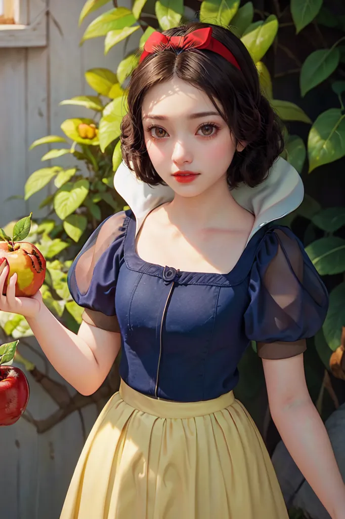 This image shows a young woman dressed in a Snow White costume. She is standing in front of a white picket fence, with green leaves and red apples in the background. The woman has short brown hair and brown eyes, and she is wearing a red headband. She is wearing a blue bodice with a white collar and a yellow skirt. She is holding a red apple in her right hand.