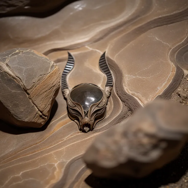 This image shows what appears to be an alien artifact on a rocky surface. The artifact is black and silver and has an oval shape with two curved horns protruding from the top. The surface of the artifact is smooth and reflective, and it appears to be made of metal or some other hard material. The artifact is surrounded by small rocks and pebbles, and the background is a blur of brown and gray colors. The alien artifact looks like it has been dropped or left on the rocky surface, and it is unclear what its purpose or significance is.