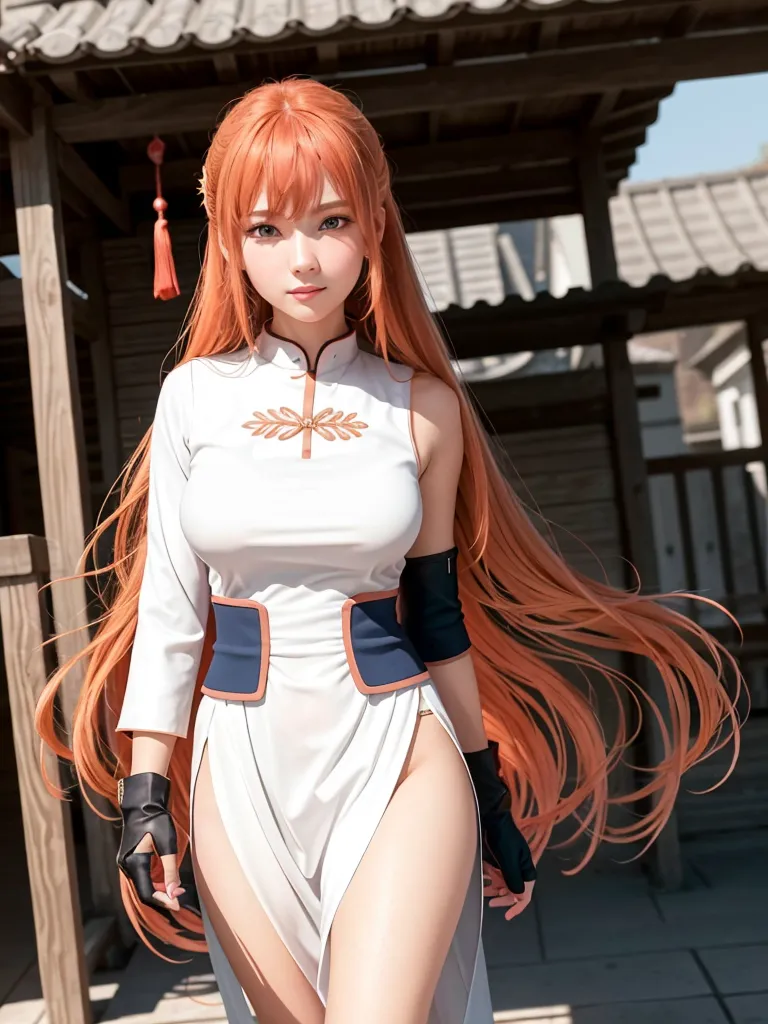 La imagen muestra a una hermosa mujer joven con el cabello largo y naranja. Lleva un vestido blanco con un cuello alto y un fajín azul. El vestido es sin mangas y la falda está dividida por los lados, mostrando sus piernas. También lleva guantes negros y un cinturón marrón. Su cabello se mueve con el viento y tiene una expresión serena en su rostro. Está de pie en un patio tradicional japonés, rodeada de edificios de madera.