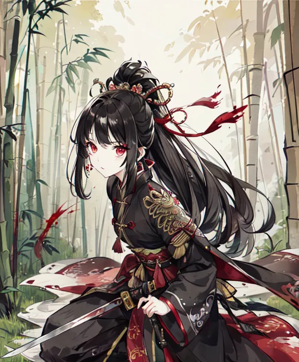 The image depicts a young woman in a black and red kimono standing in a bamboo forest. She has long black hair and red eyes, and is carrying a sword. The woman is crouched down on one knee, with her right hand on the sword's hilt. She looks to be in a state of high alert, as if she is about to engage in combat. The background of the image is a blur of green bamboo stalks, with a few red leaves here and there.