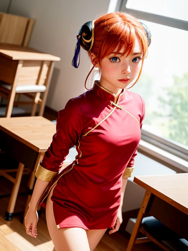 The image shows a young woman standing in a room. She is wearing a red cheongsam with a high collar and a short skirt. The cheongsam is trimmed with gold piping and has a blue ribbon tied around the collar. The woman has long red hair that is tied up in a bun. She is also wearing blue earrings and a blue bracelet. The woman is standing with her feet shoulder-width apart and her hands clasped in front of her. She has a confident expression on her face. The room is lit by a large window on the left side of the image. There are several empty chairs in the room.