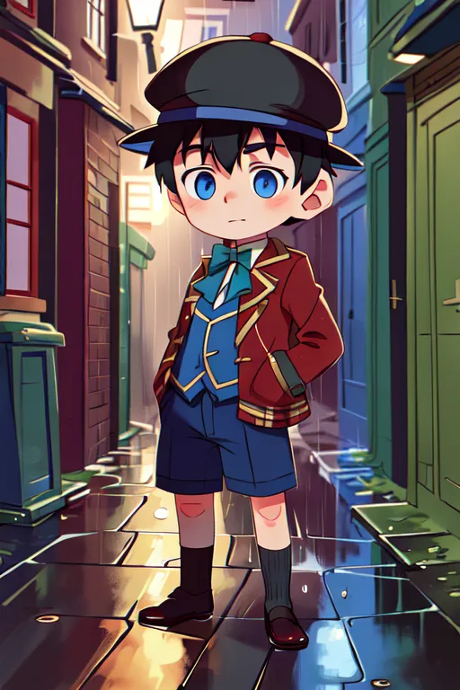 The image is of a young boy, probably in his early teens, standing in a narrow alleyway. He is wearing a blue cap, a red jacket, and blue shorts. He has his hands in his pockets and is looking at the viewer with a slightly defiant expression. The alleyway is made of cobblestones and is wet from the rain. There is a street lamp in the background.