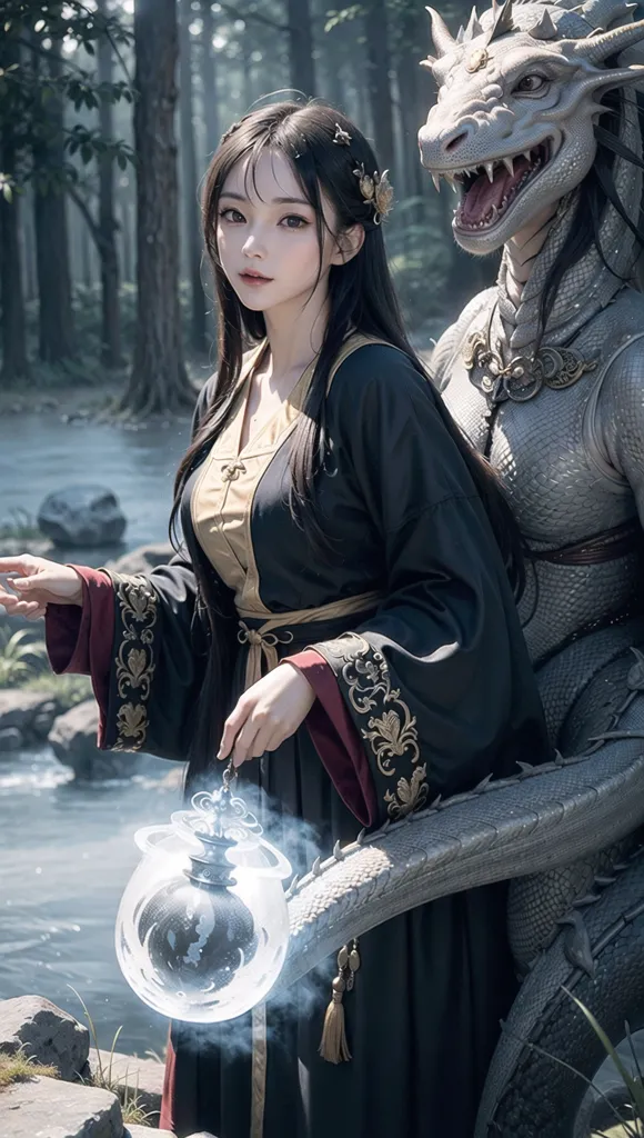 The image is of a beautiful Asian woman with long black hair. She is wearing a black and gold dress with a white sash and a red underskirt. She is holding a lantern in her right hand. She is standing in a forest with a dragon behind her. The dragon is gray and white with a long tail and sharp teeth. It is standing on its hind legs and has its wings folded behind it. The woman is looking at the dragon with a smile on her face.