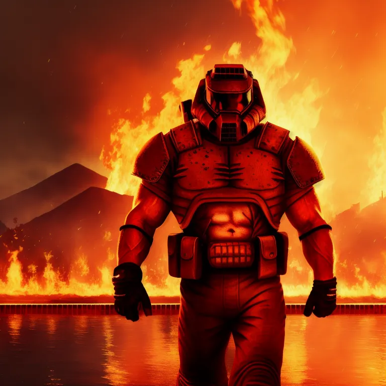 The image is a painting of a space marine from the Doom video game series. He is standing on a bridge in front of a lake of fire. The sky is dark and there are mountains in the background. The space marine is wearing red armor and a helmet with a skull on it. He is holding a gun in his right hand. The painting is done in a realistic style and the colors are very vibrant.