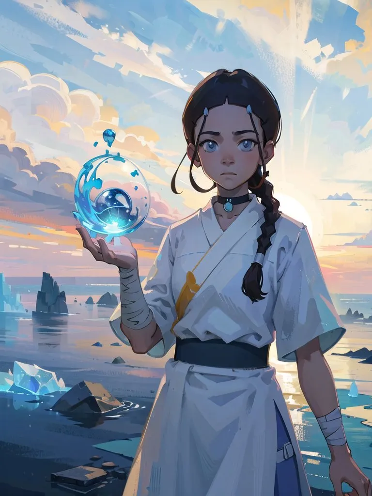 The image is of a young woman standing on a rocky shore with the ocean behind her. She is wearing a white and blue outfit and has a blue necklace. She has long brown hair and blue eyes. She is holding a glowing blue orb in her hand. The orb is made of water and has a small fish swimming inside it. The woman is looking at the orb with a serious expression. The background of the image is a blue sky with white clouds. The water is a deep blue color and the rocks are a light gray color. The image is set at sunset and the sky is a gradient of orange and yellow.