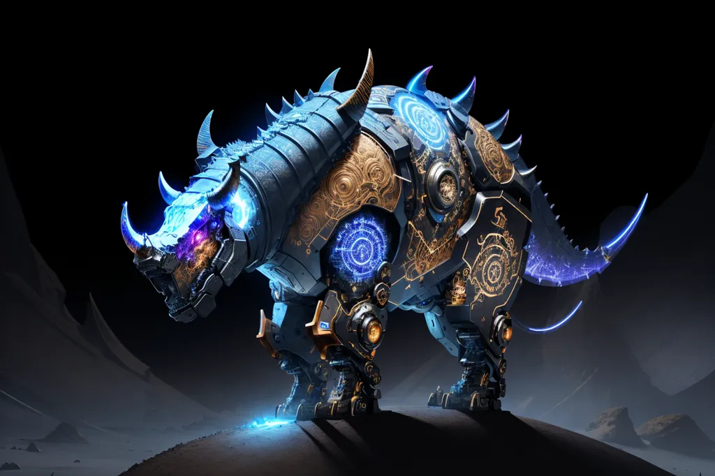 The image is a dark, futuristic landscape with a large, mechanical rhinoceros-like creature standing in the foreground. The creature is made of metal and has glowing blue and purple lights on its body. It has a large horn on its nose and several smaller horns on its head. The background of the image is a dark, rocky landscape with a mountain in the distance.