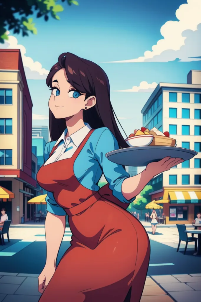 This is an image of a young woman, with long brown hair and blue eyes, wearing a red apron and a blue shirt, carrying a tray with a plate of food on it. She is standing in a street with buildings on either side and people walking around. The image is drawn in an anime style.