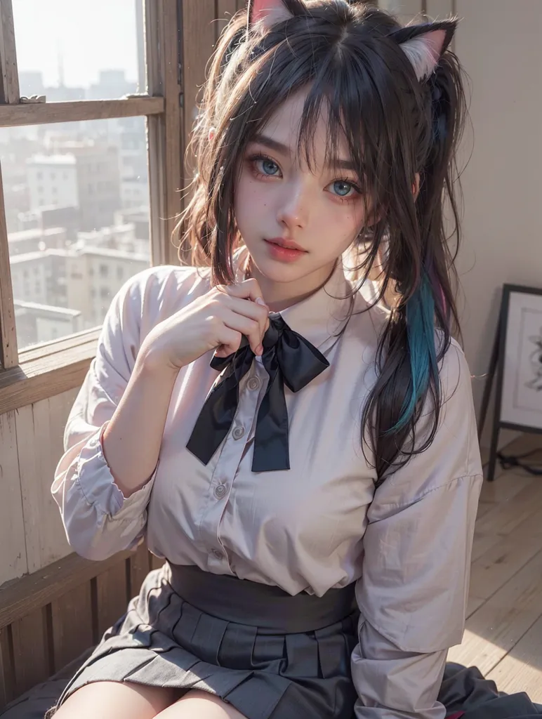 The image shows a young woman with long dark hair and blue eyes. She is wearing a white blouse and a gray pleated skirt. She is sitting on a chair in front of a window. There is a picture frame on the wall behind her. The woman has cat ears and a black bow in her hair. She is looking at the viewer with a shy expression.