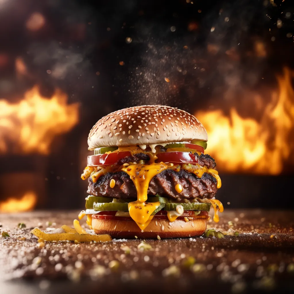 Um cheeseburger delicioso está sentado em uma mesa. O pão de hambúrguer com sementes de gergelim está dividido ao meio e a metade superior está levantada, revelando a suculenta carne moída, o queijo derretido e todos os acompanhamentos. O hambúrguer está sentado em um pedaço de papel manteiga. No fundo, há um fogo que é laranja e amarelo.