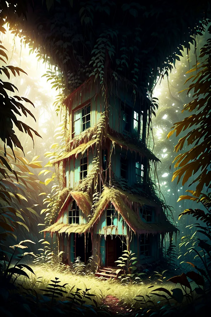 The image is a digital painting of a house in the middle of a forest. The house is surrounded by tall trees and dense vegetation. The house is made of wood and has a green roof. The windows are boarded up and the door is closed. The house is in disrepair and appears to be abandoned. The painting is done in a realistic style and the colors are vibrant and lifelike. The painting is full of mystery and wonder and it leaves the viewer wondering what happened to the house and why it was abandoned.