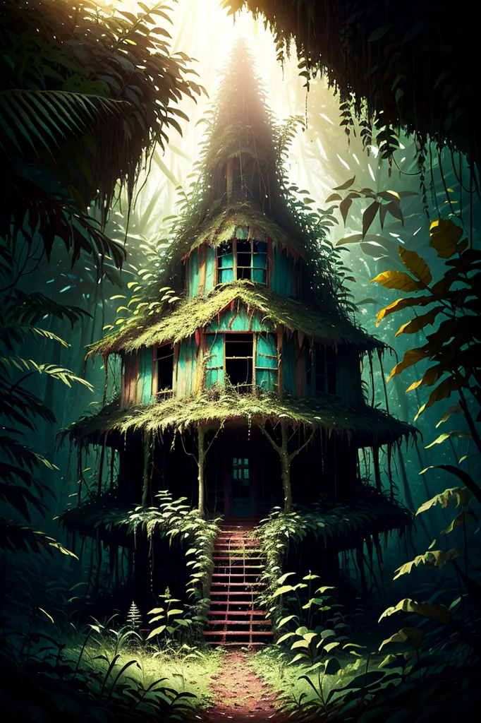 The image is a digital painting of a house in the middle of a jungle. The house is built on a platform above the ground, and there are stairs leading up to it. The house is surrounded by lush vegetation, and there are large leaves and vines hanging from the trees. The painting is full of vibrant colors, and the light from the sun can be seen shining through the trees.