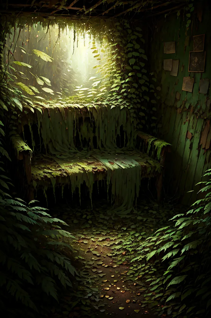 The image is a photo of a room that has been abandoned and is now overgrown with plants. The room is dark and gloomy, and the only light comes from a small window that is covered in cobwebs. The floor is covered in leaves and dirt, and the walls are covered in moss and vines. There is a bench in the middle of the room, but it is also covered in plants. The image is very atmospheric and gives the impression that the room has been abandoned for a long time.