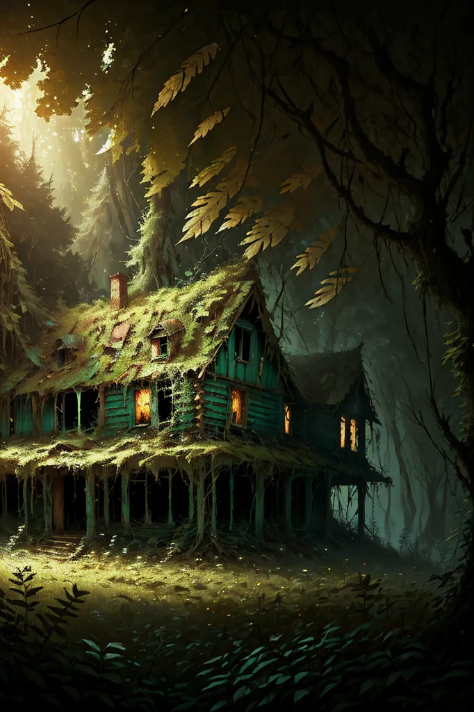 The image is a dark and moody painting of a haunted house. The house seems to be situated in a forest and is surrounded by tall, dead trees. The house itself is in disrepair, with broken windows and a caved-in roof. The walls are covered in moss and vines, and the overall effect is one of gloom and decay.