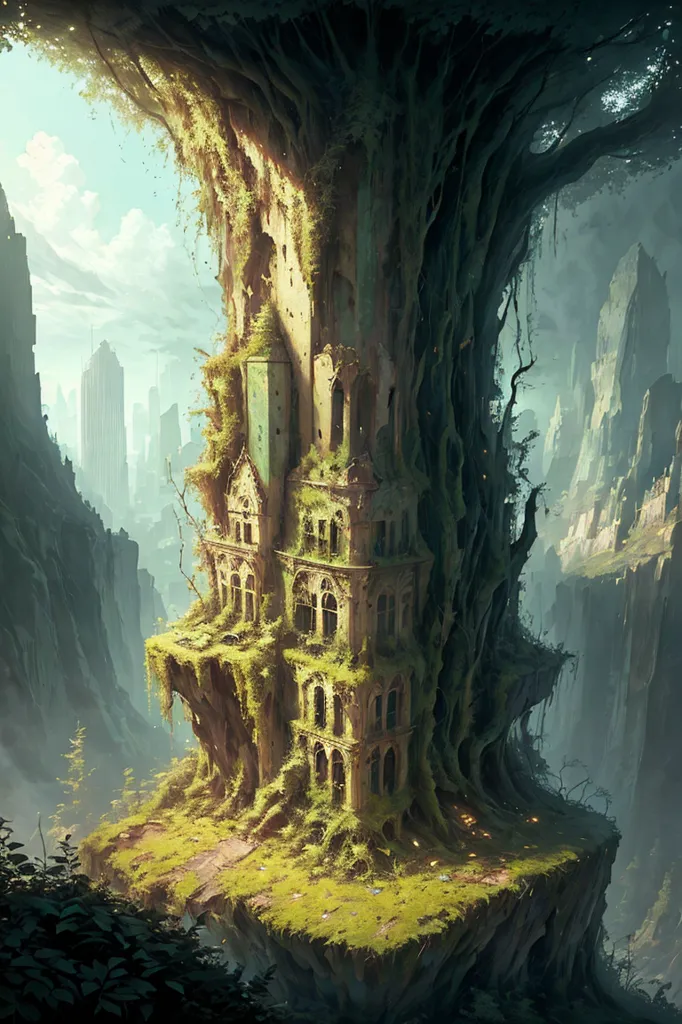 A imagem é uma pintura digital de um castelo em ruínas. O castelo está construído em um penhasco e é cercado por uma floresta. O castelo está em estado de deterioração, e as paredes estão cobertas de trepadeiras. As janelas estão quebradas e o telhado está afundado. Uma grande árvore está crescendo no topo do castelo. A pintura é feita em um estilo realista, e as cores são amortecidas e naturais. O humor da pintura é de tristeza e perda.