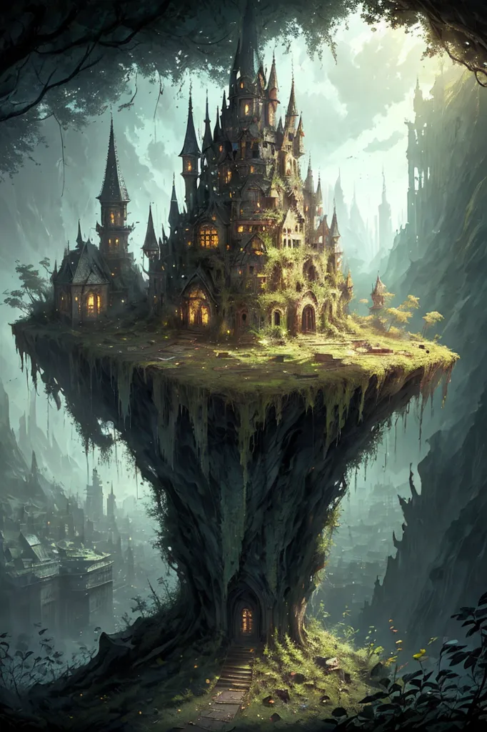 The image is a fantasy painting of a castle on a floating island. The castle is made of gray stone and has many towers and turrets. The island is surrounded by a forest of green trees. There is a river running through the forest and a waterfall in the background. The sky is blue and there are some clouds in the distance.