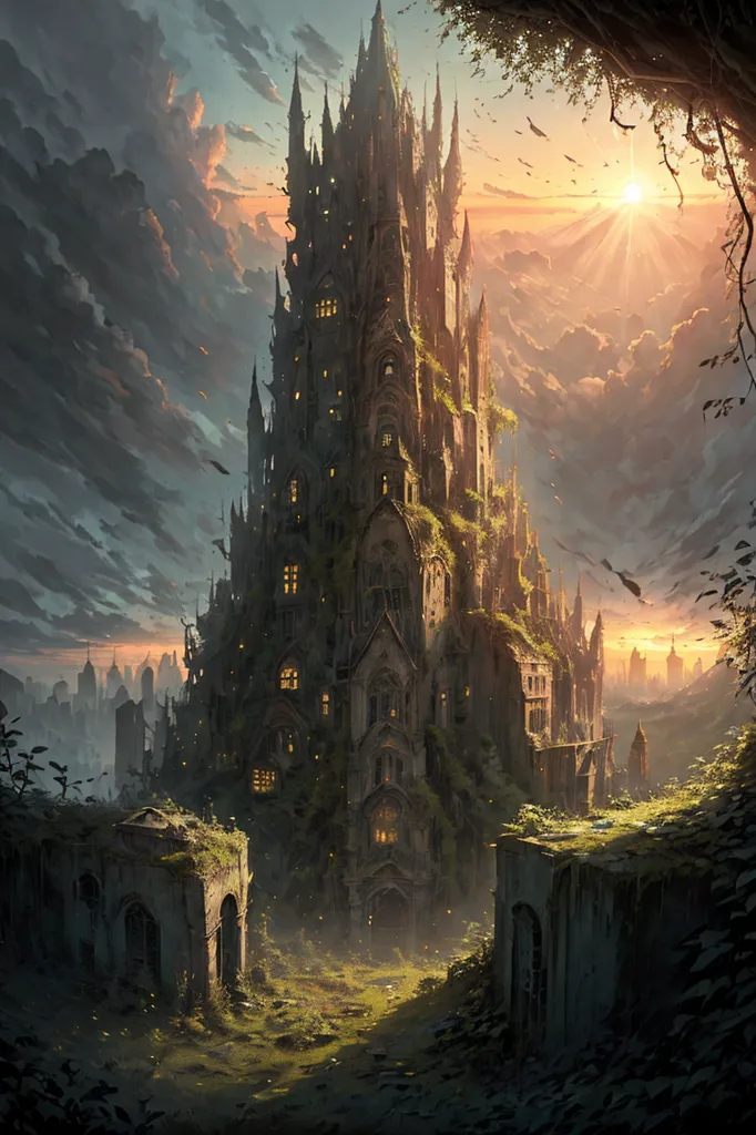 The image is a digital painting of a ruined castle. The castle is made of gray stone and has a large tower in the center. The tower is surrounded by smaller towers and buildings. The castle is in a state of disrepair, with broken windows and overgrown with vines. The sky is dark and cloudy, and there is a sense of foreboding in the air.