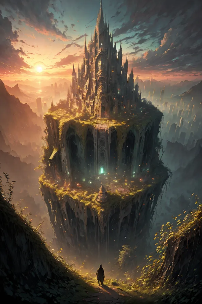 The image is a fantasy painting of a castle on a cliff. The castle is made of gray stone and has many towers and turrets. It is surrounded by a green forest. In the background, there is a large mountain range. The sky is a gradient of orange and yellow, with clouds.