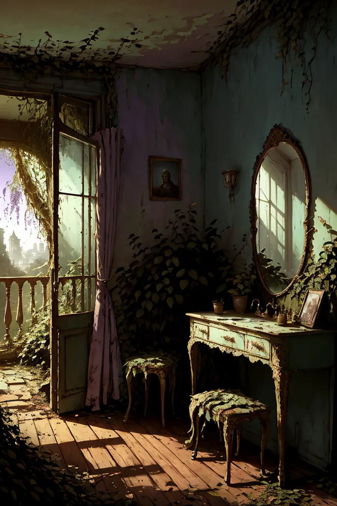 A imagem é uma pintura de um quarto em estado de deterioração. O quarto está cheio de plantas e trepadeiras exuberantes. A tinta nas paredes está descascando. Há uma porta que leva a uma varanda. A varanda está coberta de plantas. Há um espelho na parede. Há uma mesa com um espelho e um pente sobre ela. Há duas cadeiras em frente à mesa. O chão está coberto de folhas e detritos. O quarto está em estado de negligência e deterioração.