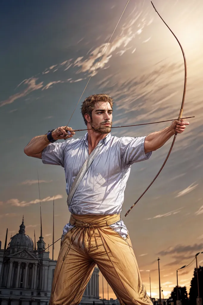 The image depicts a man with short brown hair and a beard, wearing a white shirt and yellow pants, drawing a bow and arrow. He is standing in front of a building with a dome, and the sky behind him is a beautiful sunset. The image is a depiction of a warrior in a moment of readiness.