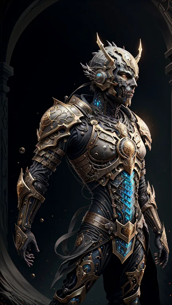 The image is of a person in a suit of futuristic armor. The armor is made of black and gold metal, and has a glowing blue light running through it. The person's face is hidden by a helmet, and they are standing in a dark room.