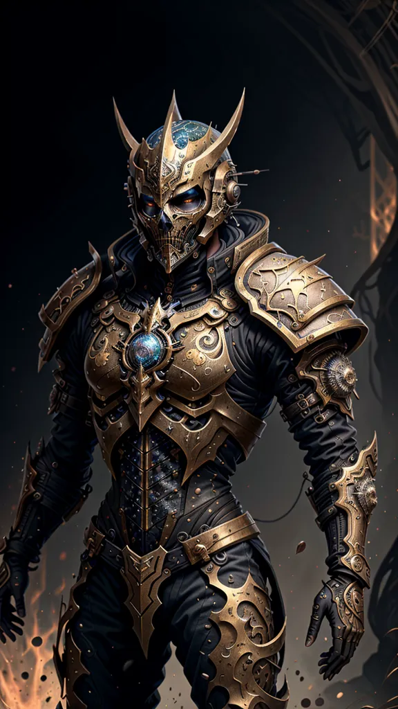 La imagen es de una persona con un traje de armadura futurista. La armadura está hecha de metal negro y dorado, con luces azules brillantes en el pecho y el casco. El casco tiene una careta con forma de calavera, y hay dos cuernos grandes en la parte superior del casco. La persona está de pie en un lugar oscuro, con un fuego ardiendo detrás de ella.