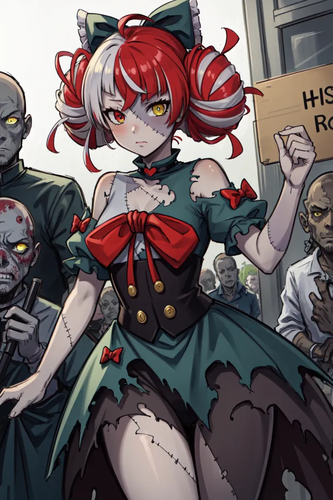 The image is of a young woman with red and white hair, dressed in a tattered green dress with a large red bow on her chest. She is surrounded by zombies, but she doesn't seem to be afraid. She has a determined look on her face, and she is holding a sign that says "History". The background is a city, with buildings and cars abandoned. The image is post-apocalyptic, but the young woman is still standing strong.