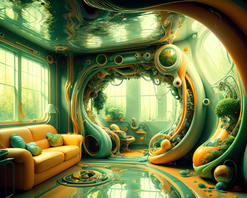 The image is a surreal depiction of a living room. The room is decorated in a green and yellow color scheme, and features a variety of strange and unusual furniture and decorations. The walls are covered in a green leafy pattern, the floor is covered in a yellow and green tile pattern, and the ceiling is covered in a green glass pattern. There are two large windows in the room, which let in a green light. The furniture in the room is all very unique and unusual. There is a large yellow sofa, a green coffee table, and a variety of other chairs and tables. The decorations in the room are also very unique and unusual. There are a variety of plants and flowers, as well as a number of strange and unusual sculptures. The overall effect of the image is one of wonder and amazement. It is clear that the artist has put a lot of thought and creativity into creating this unique and unusual living room.