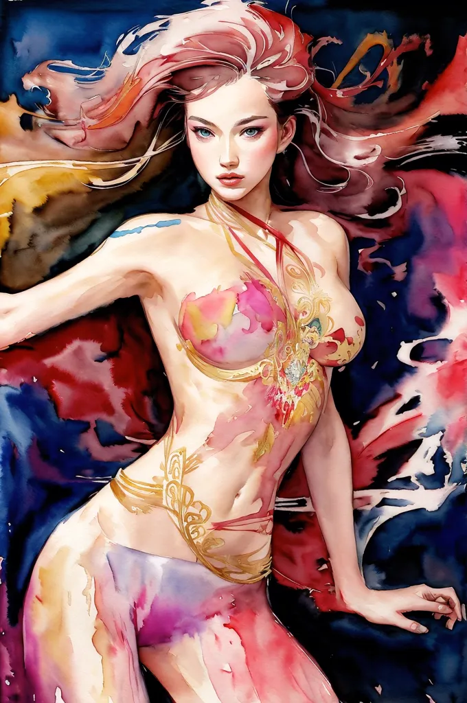 L'image est une peinture d'une femme aux longs cheveux ondulants. Elle porte un haut de bikini et un paréo. Sa peau est peinte avec des motifs complexes. Elle se tient devant un fond bleu foncé. La peinture est réalisée dans un style réaliste, et l'expression de la femme est celle de la confiance et de la sensualité.