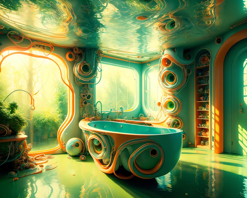 The image is a surreal and futuristic bathroom. The room is mostly green and has a large, round bathtub in the center. The bathtub is made of a strange, organic-looking material and has several small, circular windows. There are also several plants and other organic objects in the room, including a tree growing out of the floor. The room is lit by a large, circular window in the ceiling. It is not clear whether the room is real or a rendering.