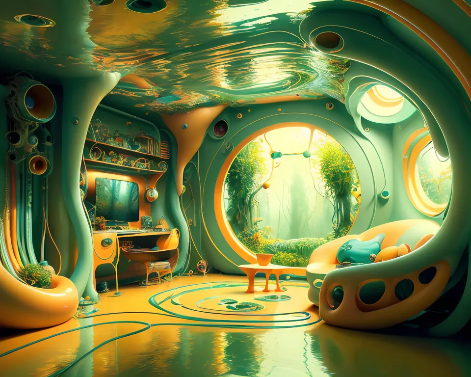 The image is a surreal depiction of a living room. The room is decorated in a green and yellow color scheme and has a large window that looks out onto a lush forest. The furniture is all very unique and has a futuristic look. There is a large TV, a computer desk, and a comfortable-looking couch. The floor is covered in a green liquid, and the ceiling is made of glass. There are also several plants and other natural elements in the room. The overall effect is one of beauty and tranquility.