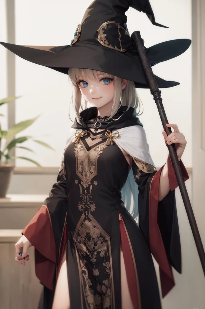 The image is a painting of a young woman dressed as a witch. She has long blonde hair, blue eyes, and is wearing a black pointed hat with a wide brim. She is wearing a black dress with gold trim and a white cape. She is holding a staff in her right hand. She is standing in a room with a plant in the background.