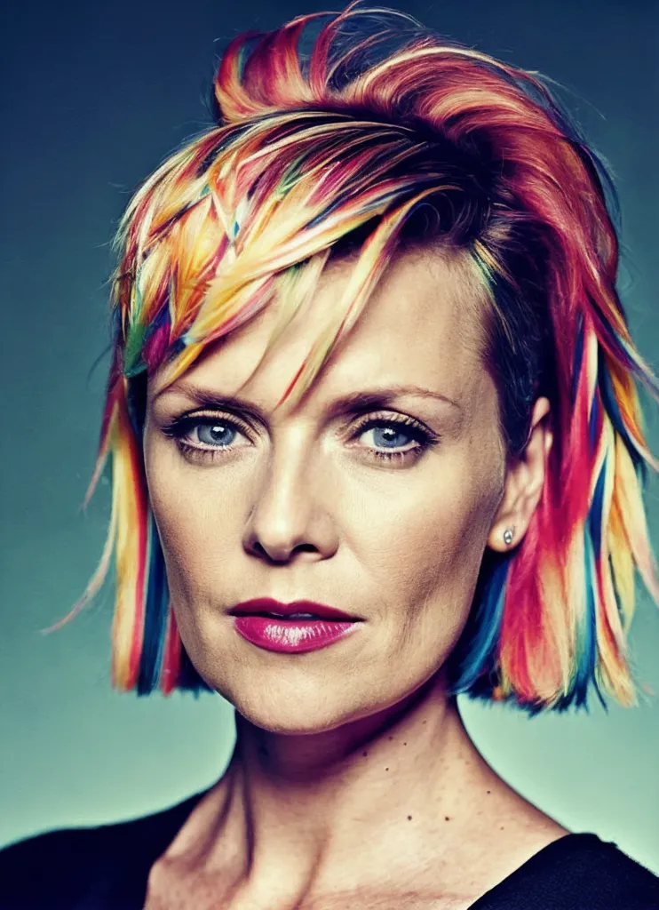 The photo shows a woman with a very colorful hairstyle. There are many bright colors in her hair, including pink, blue, yellow, and green. The colors are arranged in a rainbow pattern. The woman's hair is short and it is styled in a choppy bob. She has bangs that are swept to the side. The woman's makeup is simple. She is wearing light eyeshadow and dark eyeliner. Her lips are bright pink. The woman's expression is serious. She is looking directly at the camera. The photo is taken from a close-up angle.