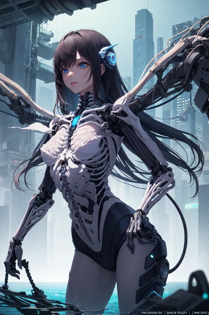 The image is a digital painting of a young woman with long black hair and blue eyes. She is wearing a black swimsuit with a white exoskeleton over the top of her body. She is also wearing a pair of headphones. The background of the image is a cityscape with tall buildings and a river running through it. The woman is standing on a platform in the middle of the river.