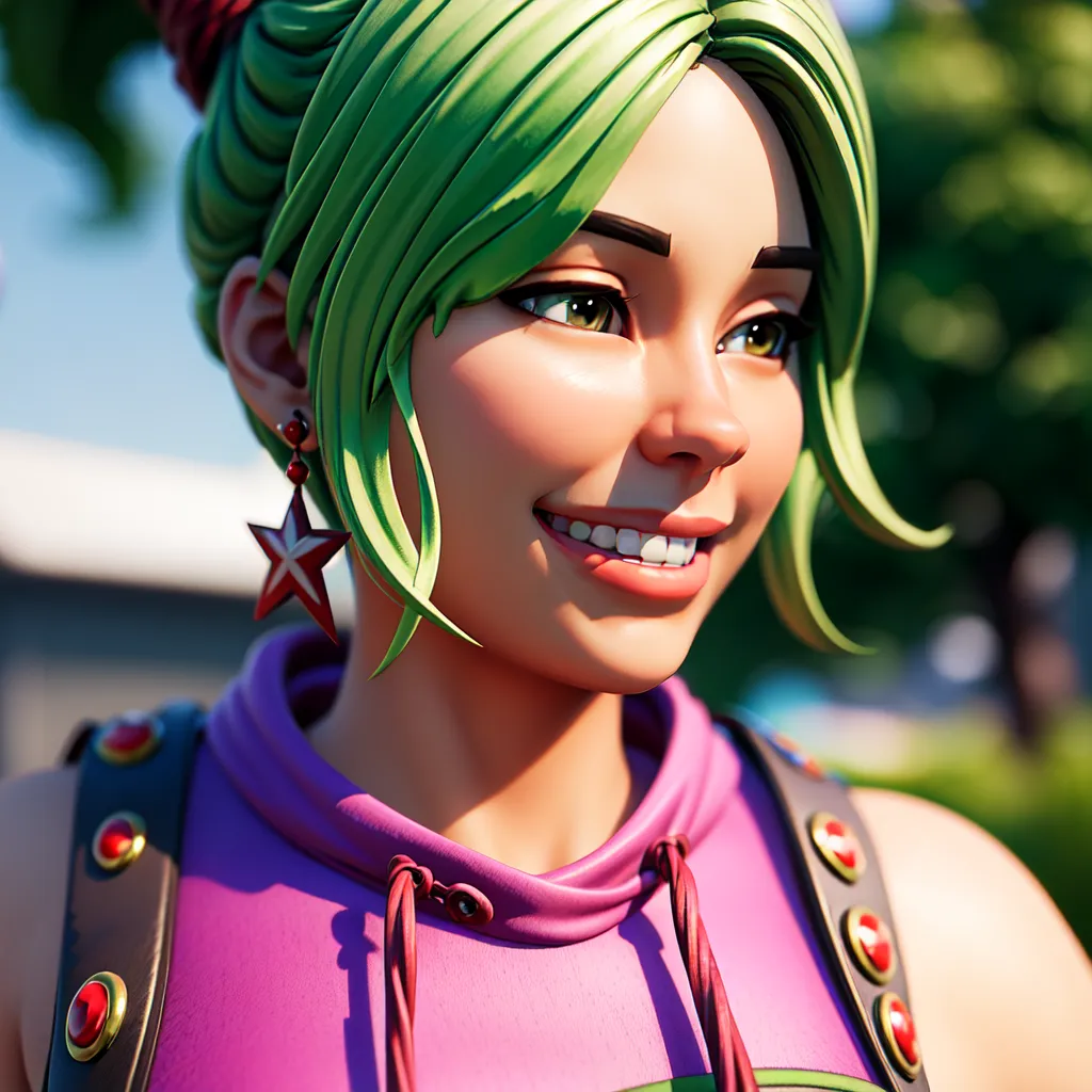 The image shows a young woman with green hair and brown eyes. She is wearing a purple shirt and has a pink backpack. She is smiling and has a star-shaped earring in her left ear. The background is blurred, but it looks like she is standing outside.