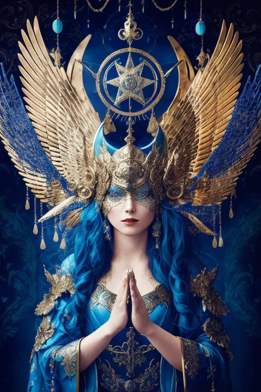 This is an image of a woman wearing a golden headpiece and a blue dress with golden patterns. She has blue hair and is praying with her eyes closed. There are golden wings behind her head and a golden symbol with a star in the background. She is most likely a goddess or other type of mythical figure.