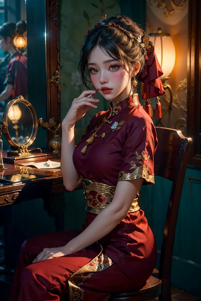 The picture shows a young woman sitting on a chair in front of a mirror. She is wearing a red cheongsam with intricate golden embroidery and a red ribbon in her hair. The cheongsam has a high collar and a long slit on one side. The woman is sitting with her right hand on her lap and her left hand holding her hair. She is looking at her reflection in the mirror. The background of the picture is a dark green wall with a wooden table and a lamp on it.