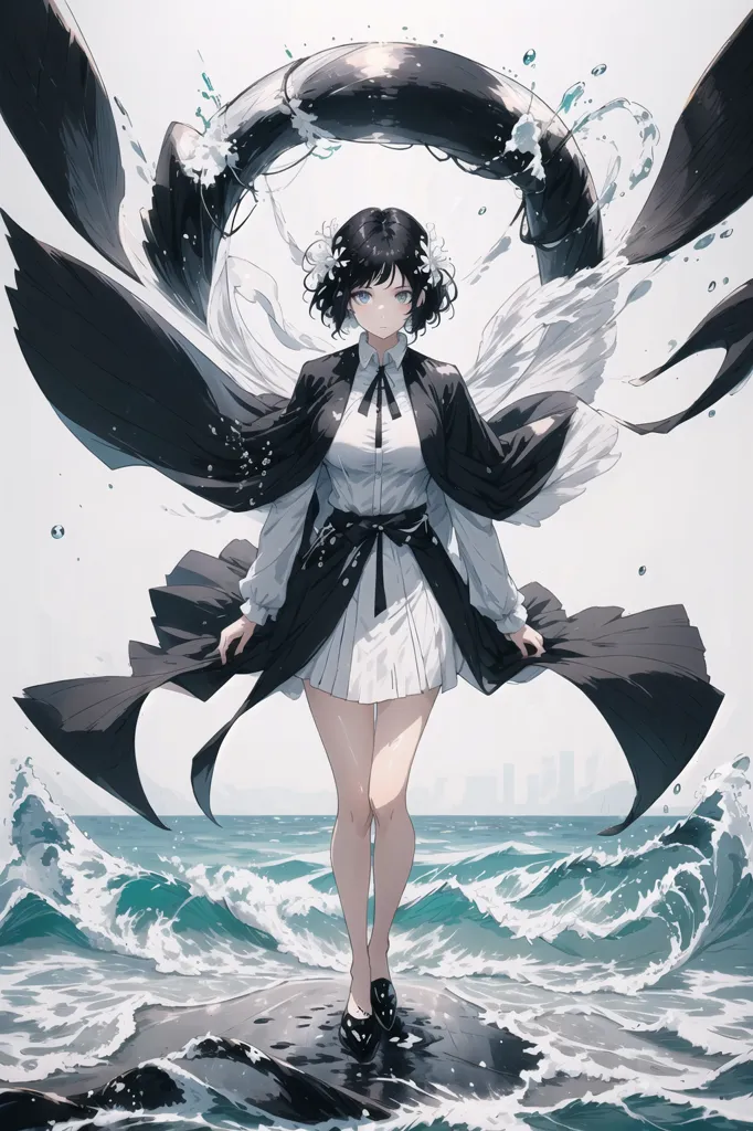 The image is a painting of a young woman standing on a rock in the middle of the ocean. She is wearing a white dress and a black cape. Her black hair is short and she has blue eyes. The woman is surrounded by a large black creature with white wings and a white halo. The creature is made of water and has a long, serpentine body. It is unclear what the relationship between the woman and the creature is. The painting is set in a stormy sea and the waves are crashing against the rock. The sky is dark and there are clouds in the background.