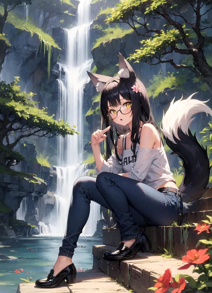 The image is of an anime girl with black hair and fox ears. She is wearing a white shirt, blue jeans, and black shoes. She is sitting on a rock in front of a waterfall. The waterfall is surrounded by green trees and flowers. The girl is looking at the viewer with a curious expression on her face.