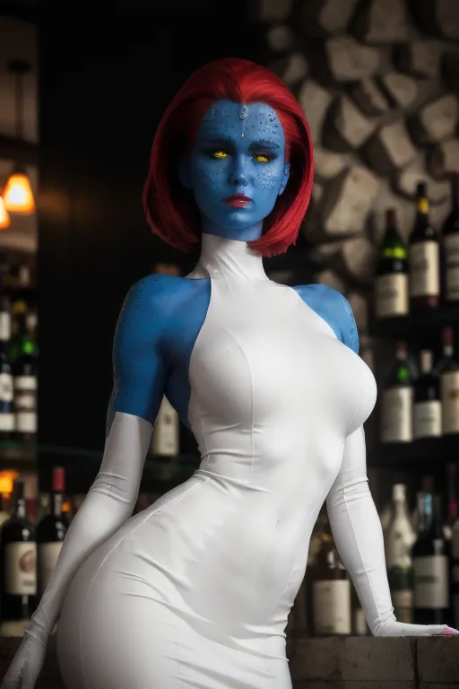 The image is of a cosplayer dressed as Mystique from the X-Men. She is wearing a white dress with a high collar and a blue bodysuit underneath. Her skin is blue and she has yellow eyes. She is also wearing white gloves and boots. She is standing in a bar with a lot of wine bottles in the background.