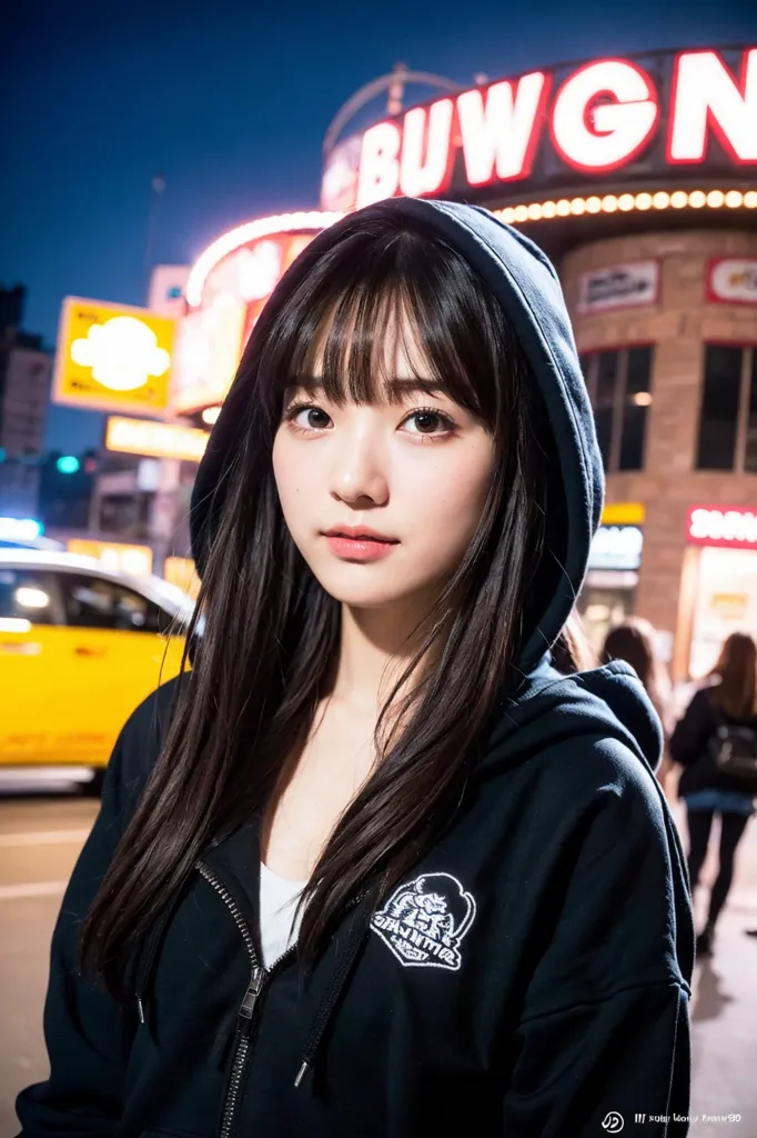 A imagem mostra uma jovem mulher em pé em frente a uma rua movimentada à noite. Ela está usando um capuz preto com uma camiseta branca por baixo. O capuz está desabotoado e o cabelo preto e longo da mulher está fluindo para fora dele. Ela tem um pequeno sorriso quase tímido no rosto e seus olhos estão olhando para baixo em direção à câmera. O fundo da imagem está desfocado, mas é possível ver que a mulher está em frente a um grande edifício. Também há vários carros e pessoas andando na rua. A imagem é quente e convidativa, e captura a beleza da mulher e da cidade.