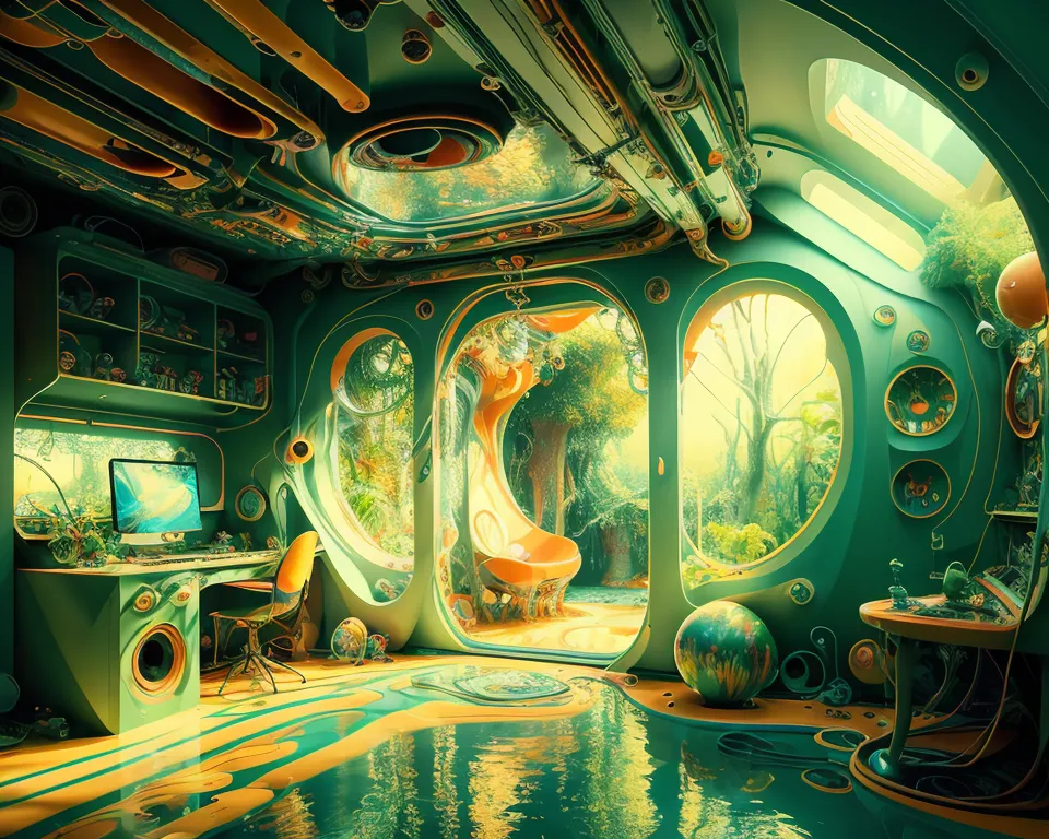 A imagem é um quarto futurista com uma grande janela que dá para uma floresta exuberante. O quarto é decorado em um esquema de cores verdes, com paredes, móveis e pisos verdes. Há uma grande mesa em primeiro plano da imagem, com um computador e outros suprimentos de escritório nela. Há também uma cadeira confortável no centro do quarto e várias plantas e outras decorações ao redor do quarto. O quarto é iluminado por um grande skylight, que deixa entrar a luz natural. O efeito geral é de paz e tranquilidade.