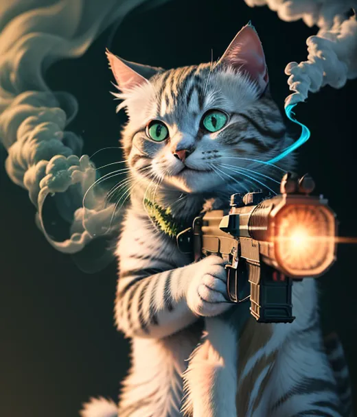 The image shows a cat wearing a collar with a green leaf-shaped tag. The cat is holding a gun in its right paw and looking at the camera with a serious expression. The background is dark with smoke or fog.