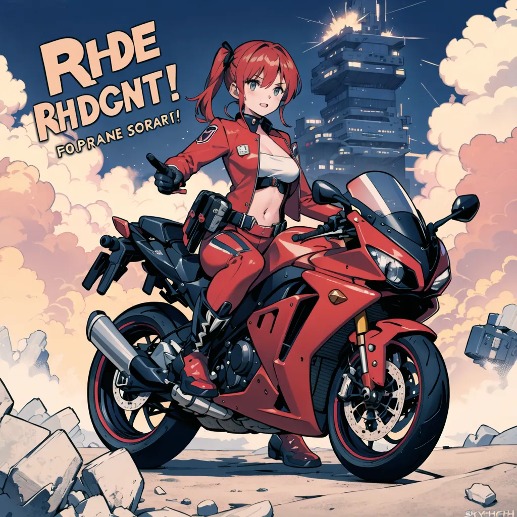 The image is of a young woman with red hair and red eyes. She is wearing a red and white outfit and is riding a red motorcycle. She is standing in front of a large building with a cityscape in the background. The woman is smiling and has her right hand raised in the air. There is Japanese text on the right side of the image.