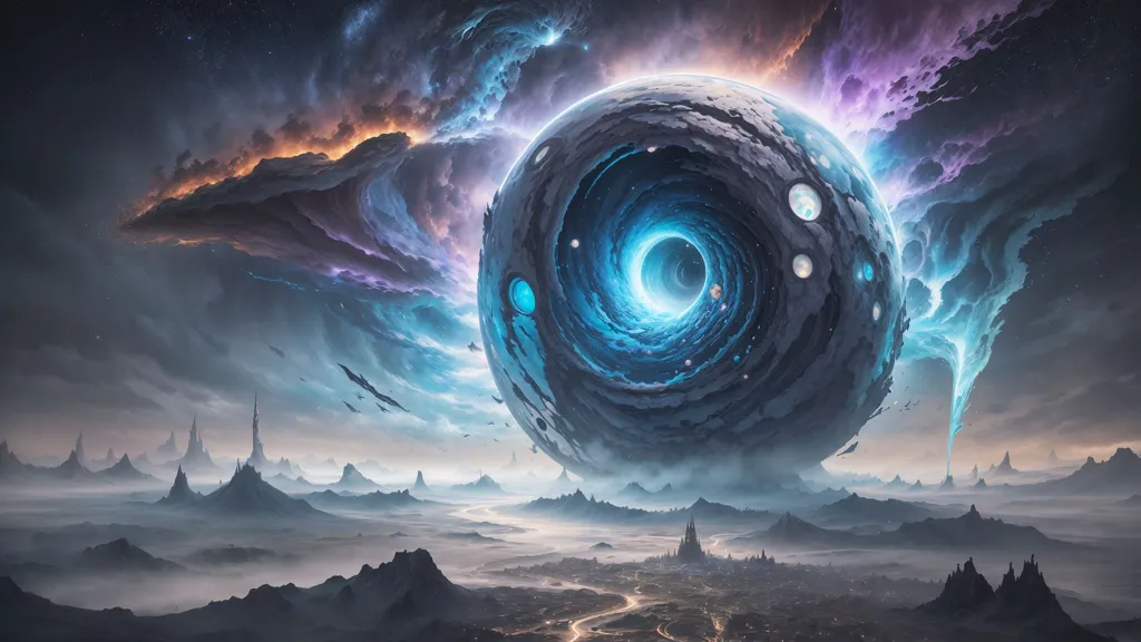 A imagem está ambientada em uma paisagem vasta e alienígena. Há uma esfera grande e brilhante no centro da imagem. Não está claro o que a esfera é, mas parece ser algum tipo de portal ou portal. A esfera é cercada por um redemoinho de nuvens e energia. Há também várias esferas menores flutuando ao redor da esfera maior. A superfície do planeta é coberta de montanhas, vales e rios. Também há várias cidades visíveis ao longe. O céu está escuro e cheio de estrelas. Há duas luas visíveis no céu. A imagem é muito detalhada e realista. É evidente que o artista dedicou muito tempo e esforço para criá-la.