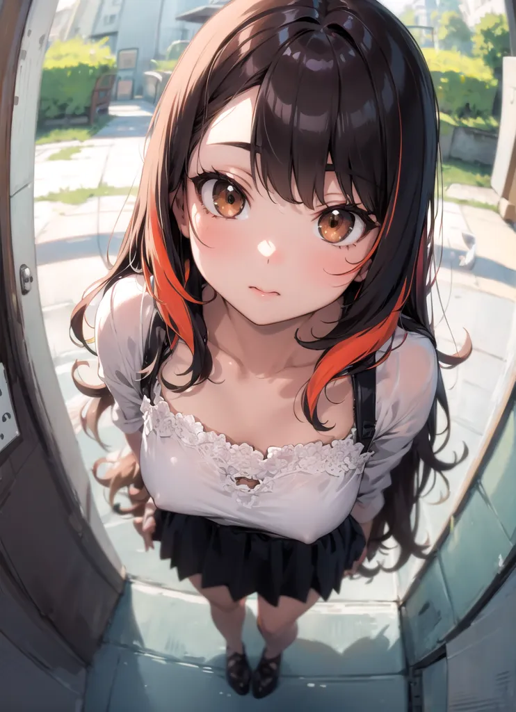 The image is a close-up of a young woman with long, dark brown hair and orange eyes. She is wearing a white blouse with a lacy collar and a black skirt. She is looking at the viewer with a slightly surprised expression. The background is blurred, but it looks like she is standing in a doorway.