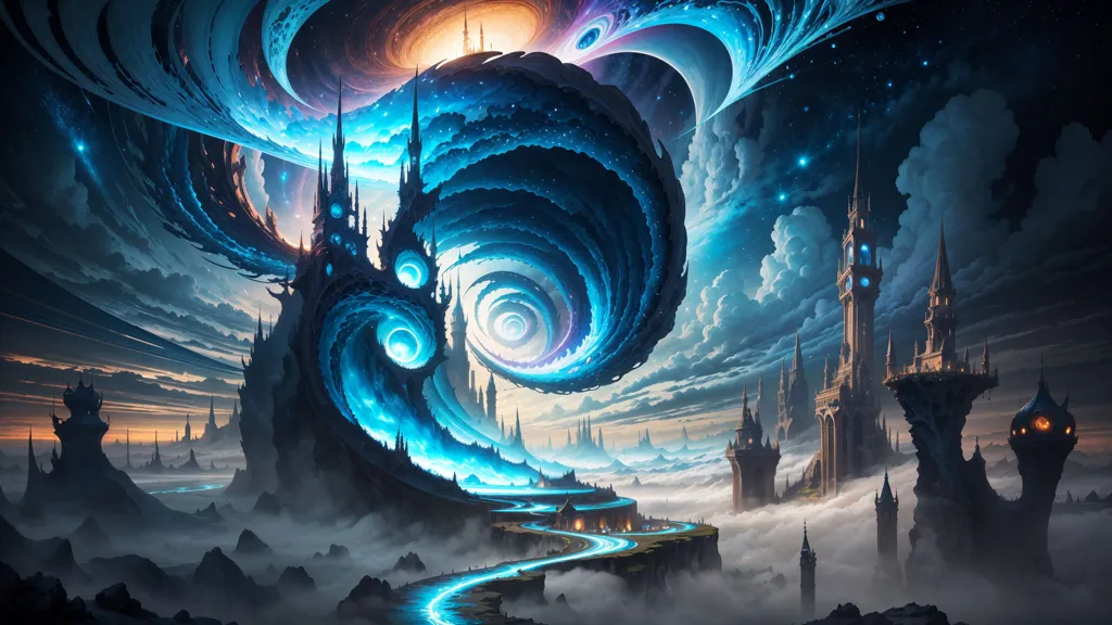 The image is a fantasy landscape. There is a large blue castle in the center of the image, with a road leading up to it. The castle is surrounded by clouds and there are mountains in the background. The sky is dark and there are stars and galaxies in the sky.