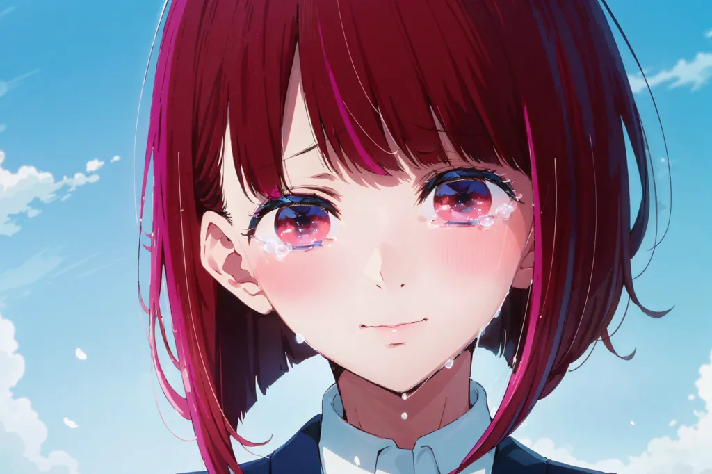 The image is a close-up of a crying anime girl with short red hair and blue eyes. She is wearing a white shirt and a blue blazer. The background is a blue sky with white clouds. The girl is looking at the viewer with a sad expression on her face. Her eyes are filled with tears and her cheeks are flushed. Her hair is blowing in the wind. The image is drawn in a realistic style and the colors are vibrant and bright.