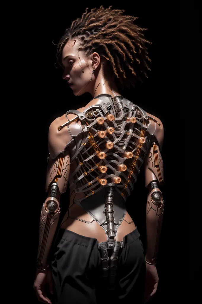 A imagem é uma representação de uma mulher com dreads. Ela é mostrada de costas, e seu rosto não é visível. Seu corpo é coberto por melhoramentos cibernéticos, incluindo uma coluna vertebral, braços e pernas mecânicos. A mulher está usando um macacão preto que cobre seu corpo inferior e um arnês prateado que cobre seu peito. Ela também está usando um par de botas pretas. O fundo da imagem é preto e não há outras informações sobre a mulher ou seu entorno.