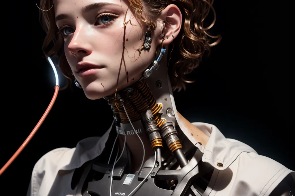 The image is a portrait of a young woman with short brown hair and blue eyes. She is wearing a white shirt and has a number of wires and tubes attached to her neck and head. The background is black. The woman's expression is one of calm determination. The image is likely set in the future, as the woman's appearance is very different from what is currently possible. The wires and tubes attached to her suggest that she is some kind of cyborg or android. The image is a reminder that technology is constantly changing and that the line between humans and machines is becoming increasingly blurred.